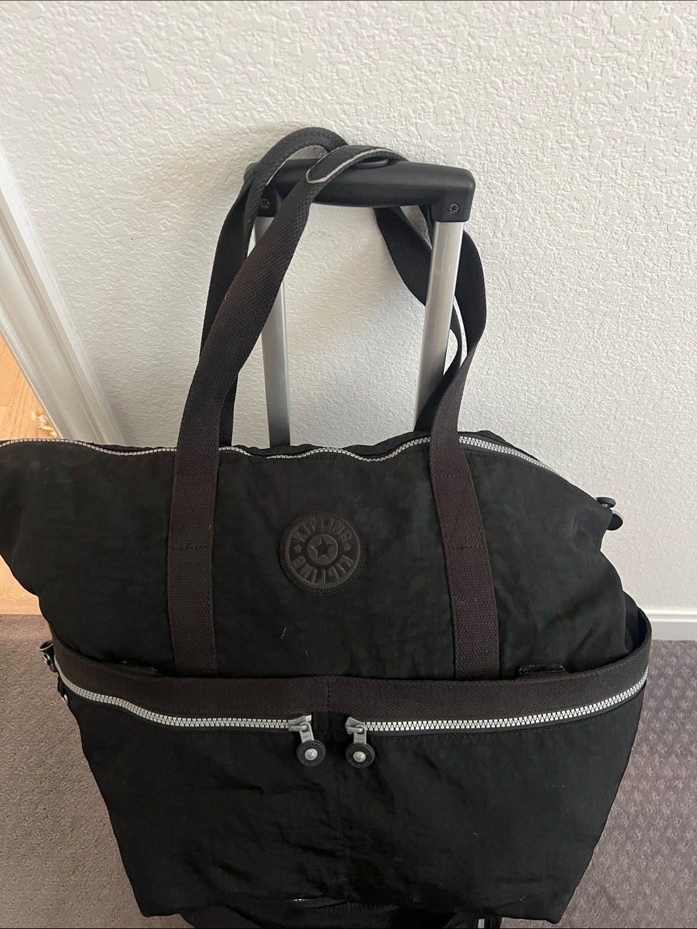 Kipling Black Travel Tote Bag with Front Zip Pocket